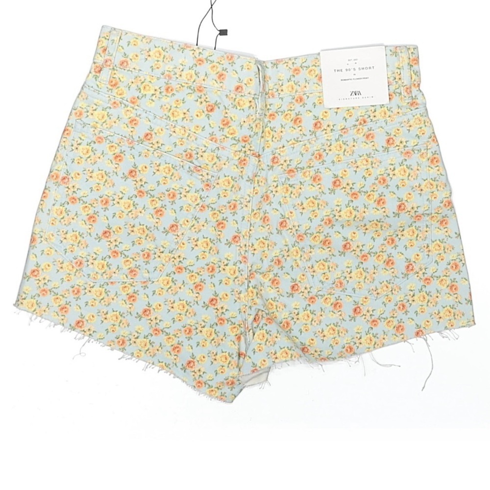 Zara 90s Floral Denim Shorts NWT High Rise Raw Hem Vintage Style Size 4 - Picture 4 of 7